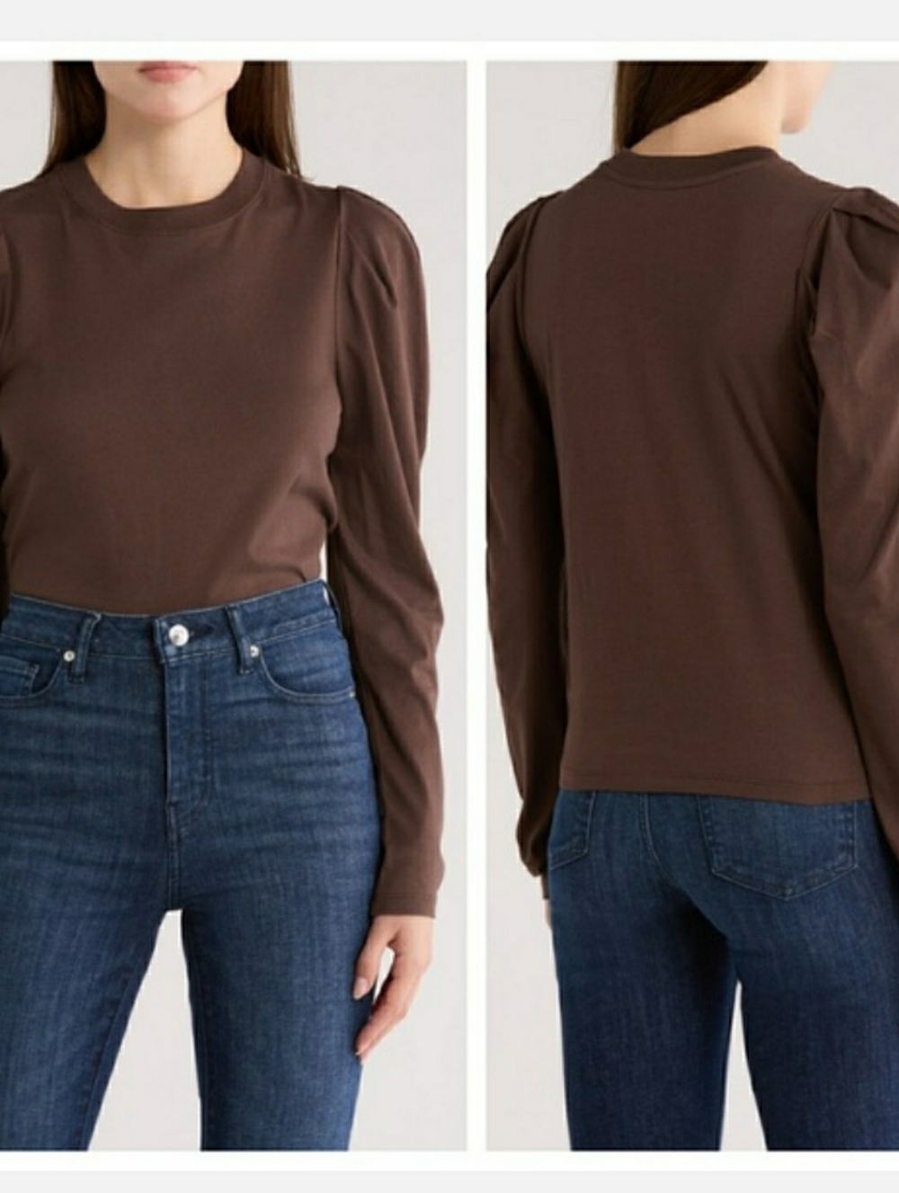 Frame Denim Brown Puff-Sleeve Crewneck Top